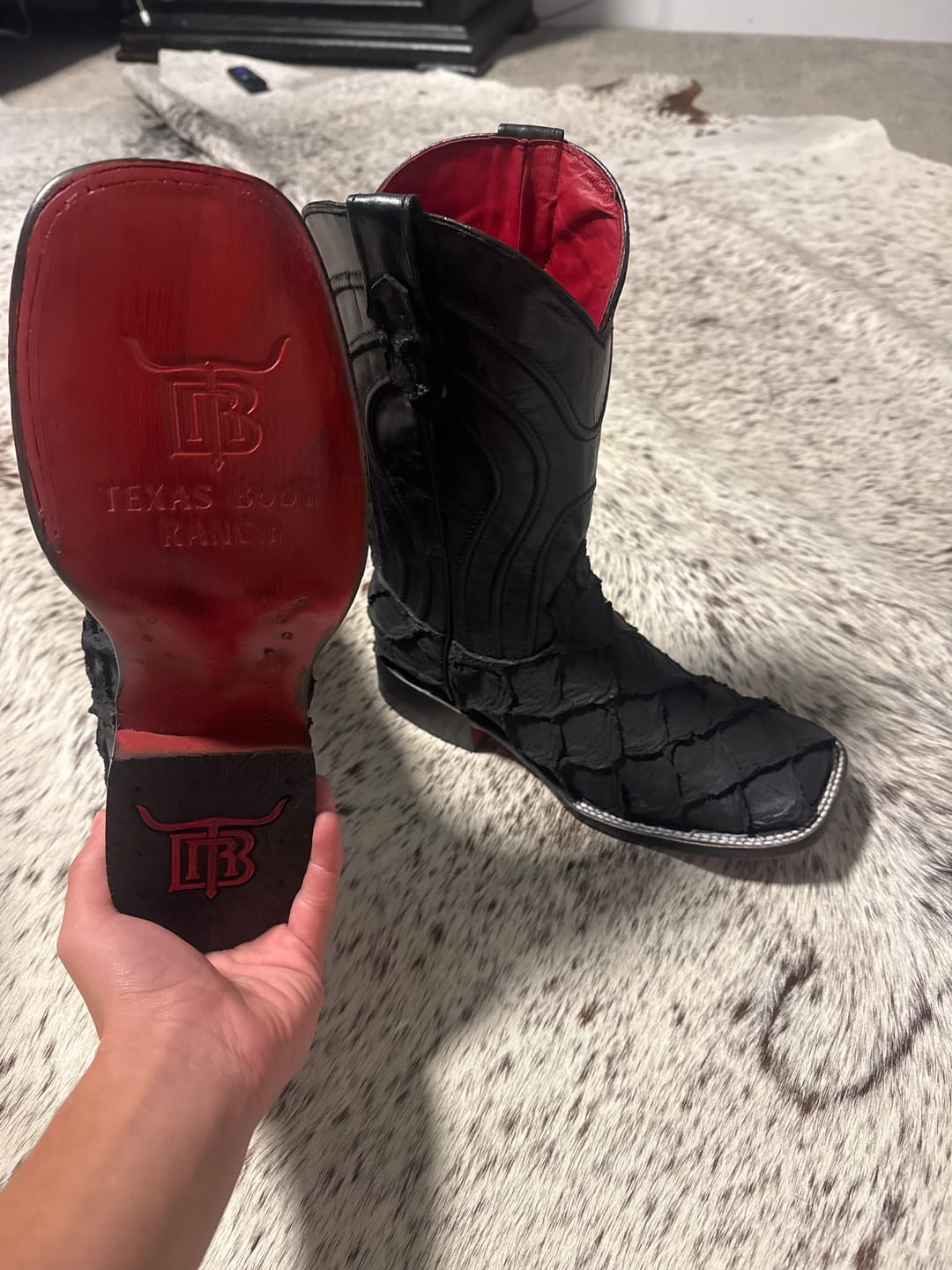 Customer photo review of Matte Black Jumbo Pirarucu Leather Boots - Square Toe (TCY)