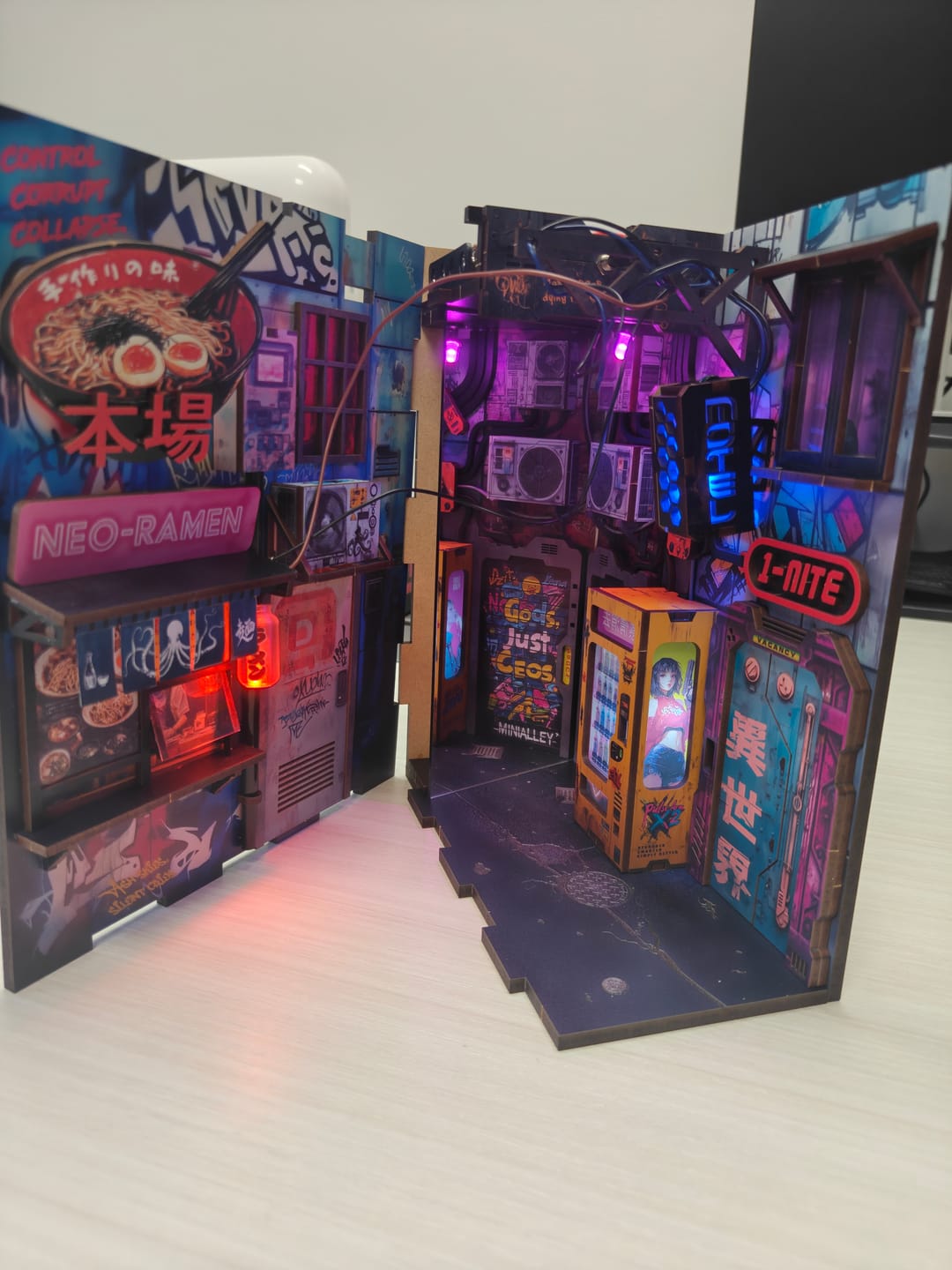 Customer photo review of Neon Ramen MiniAlley Cyberpunk DIY Book Nook Kit, Scale Model Kit,  Japanese Ramen Shop Miniature Scene