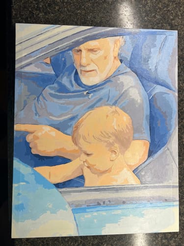 Customer's completed Custom Paint by Numbers Kit painting featuring an elderly man and child sitting in a car.