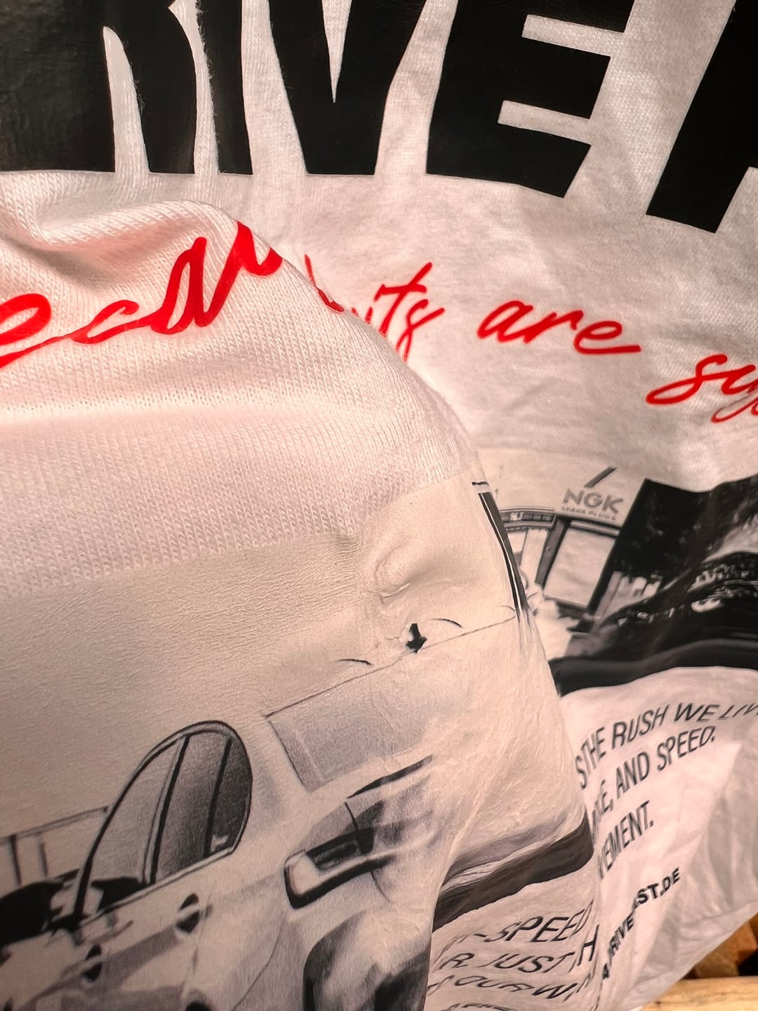 Customer photo review of DRIVE FAST LIMITS Backprint Premium Shirt