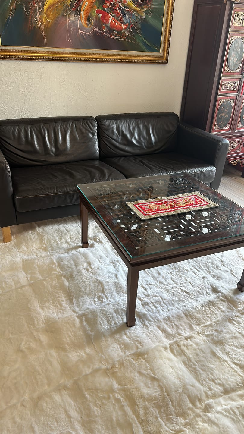 Customer photo review of Handmade White Rabbit Fur Area Rug with Gold Greek Key Border