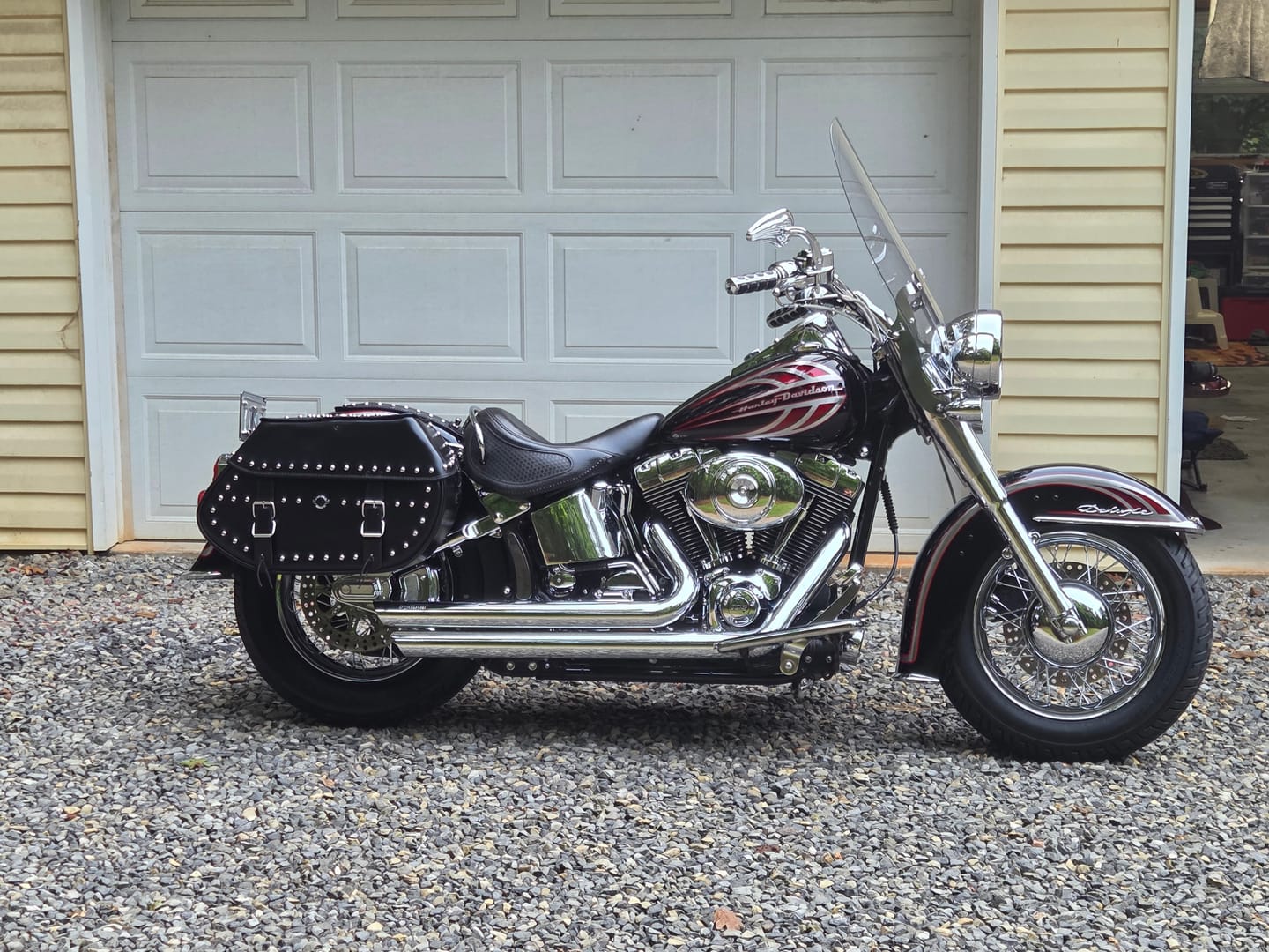 Customer photo review of 35L - Legacy Extra Large Studded Leather Motorcycle Saddlebags for Harley Softail Deluxe FLSTN/I