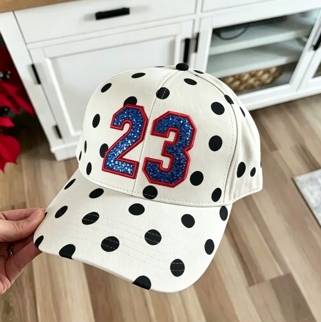 Customer photo review of Custom Glitter Sports Polka Dot Hat Custom Number or Letter Game Day Baseball Cap | Game Day Wear