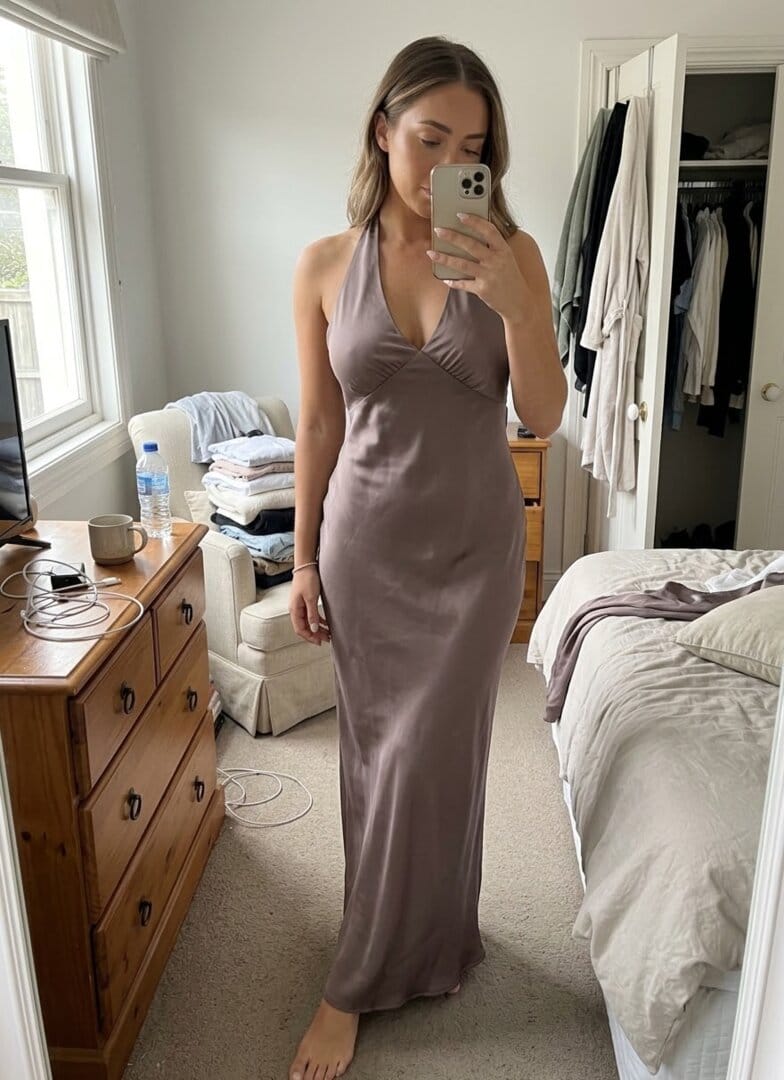 Customer photo review of Heavy Hearted Satin Maxi Dress - Steel Me Away