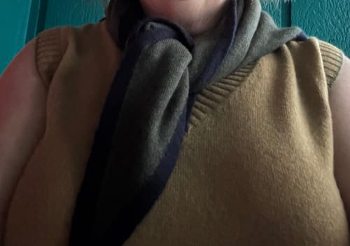 Customer photo review of Brand New Khaki Green and Navy Recycled Cashmere Triangle Scarf