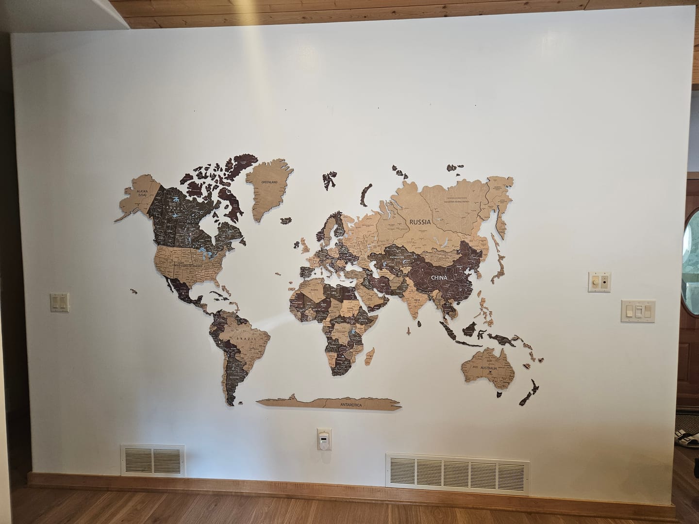 Customer photo review of 3D Wood World Map Wall Decor - Cherry