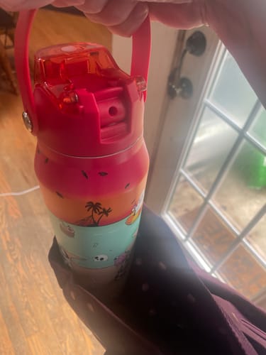 Customer's Bottle Buddy 32oz with a sunset-themed design, held in a hand near a bag.