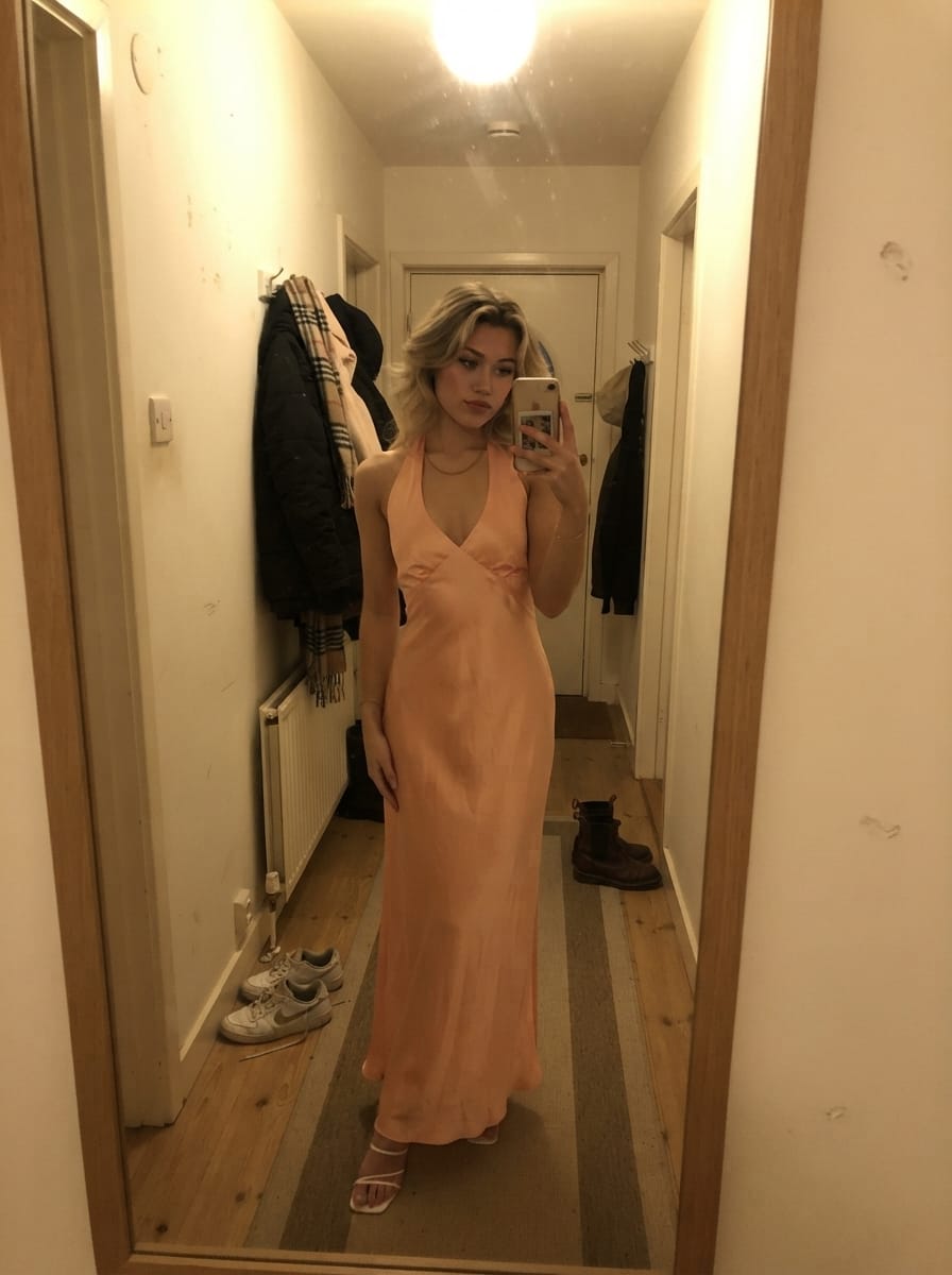Customer photo review of Heavy Hearted Satin Maxi Dress - Peach