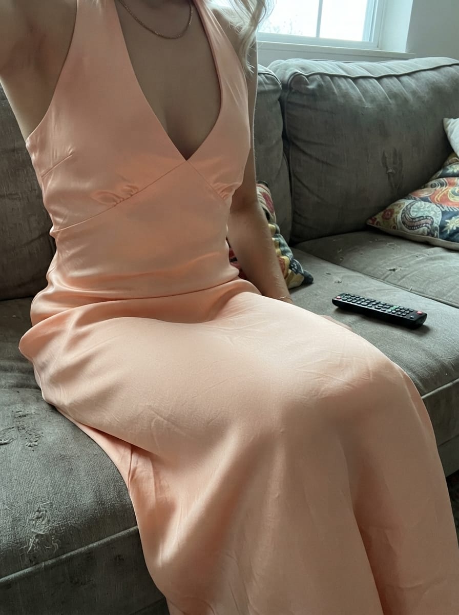 Customer photo review of Heavy Hearted Satin Maxi Dress - Peach
