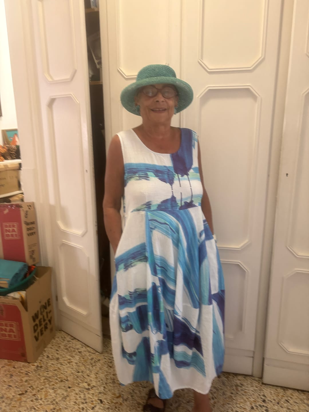 Customer photo review of Sleeveless Balloon Blue Brushstroke Linen Dress