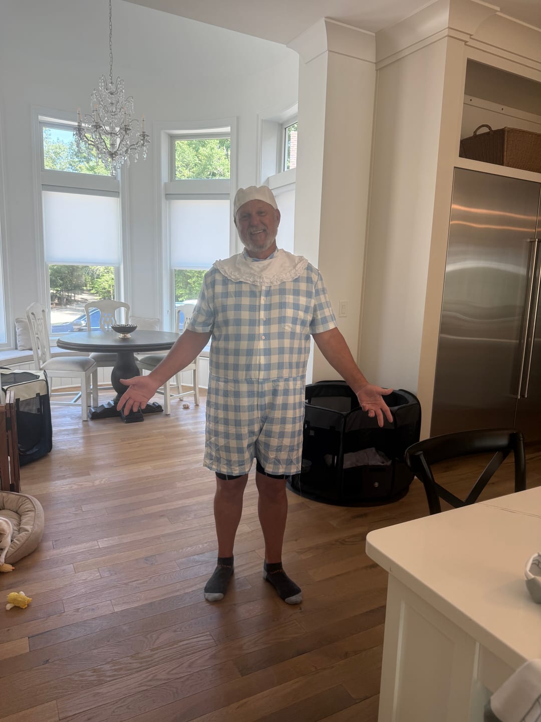 Customer photo review of Cornflower Blue And White Gingham Print Men's Romper