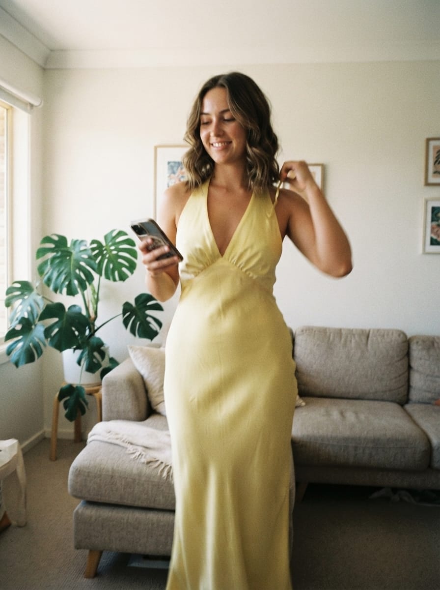 Customer photo review of Heavy Hearted Satin Maxi Dress - Lemon