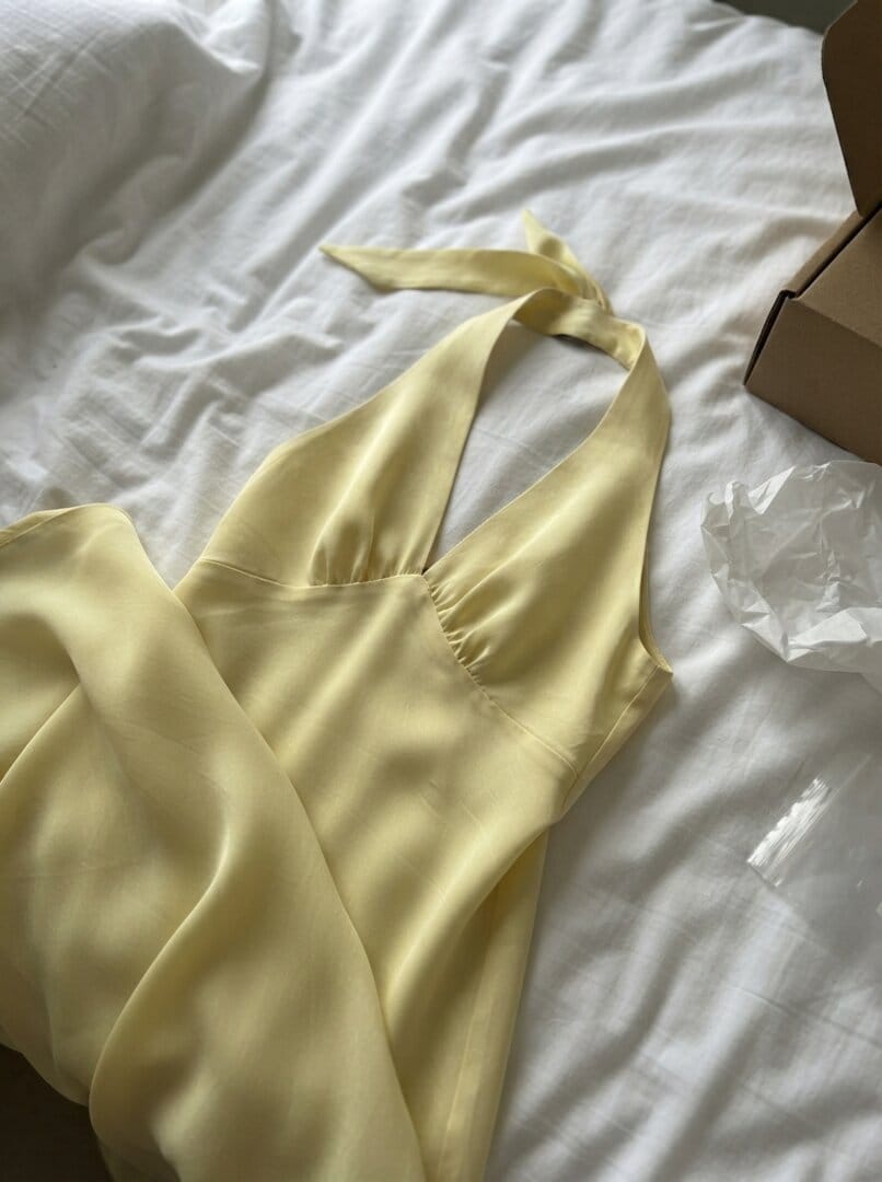 Customer photo review of Heavy Hearted Satin Maxi Dress - Lemon