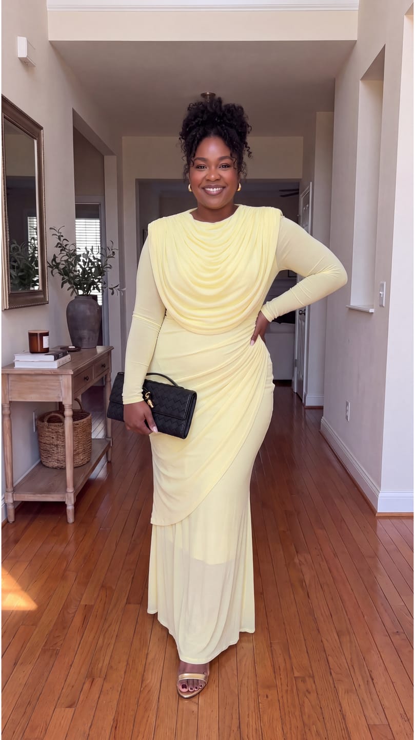 Customer photo review of Solene Drape Dress | Yellow