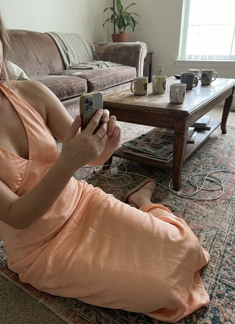 Customer photo review of Heavy Hearted Satin Maxi Dress - Peach
