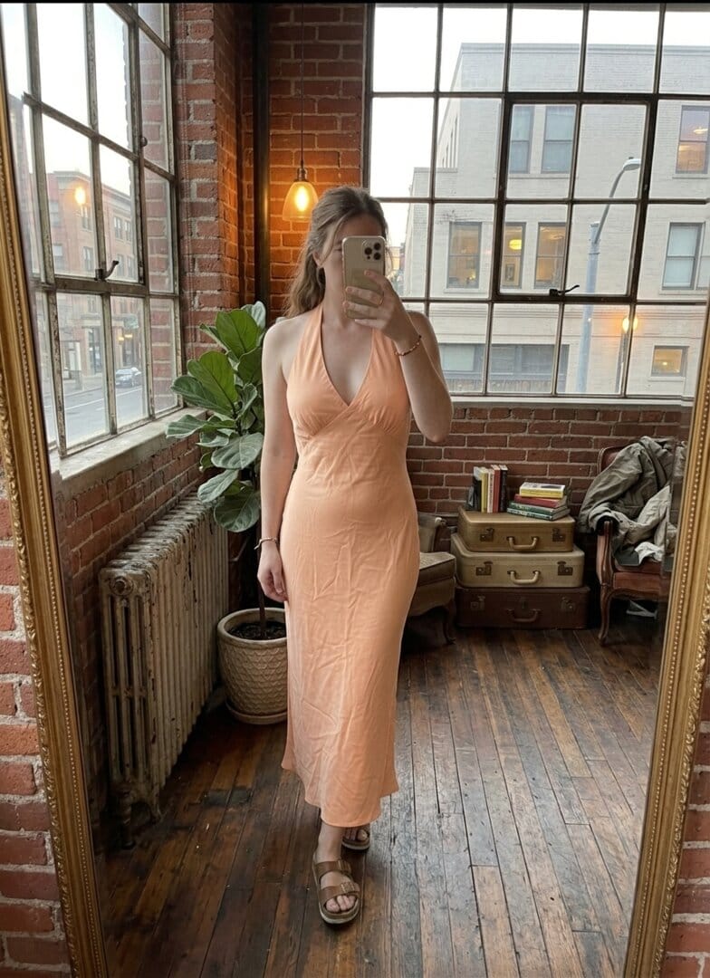 Customer photo review of Heavy Hearted Satin Maxi Dress - Peach