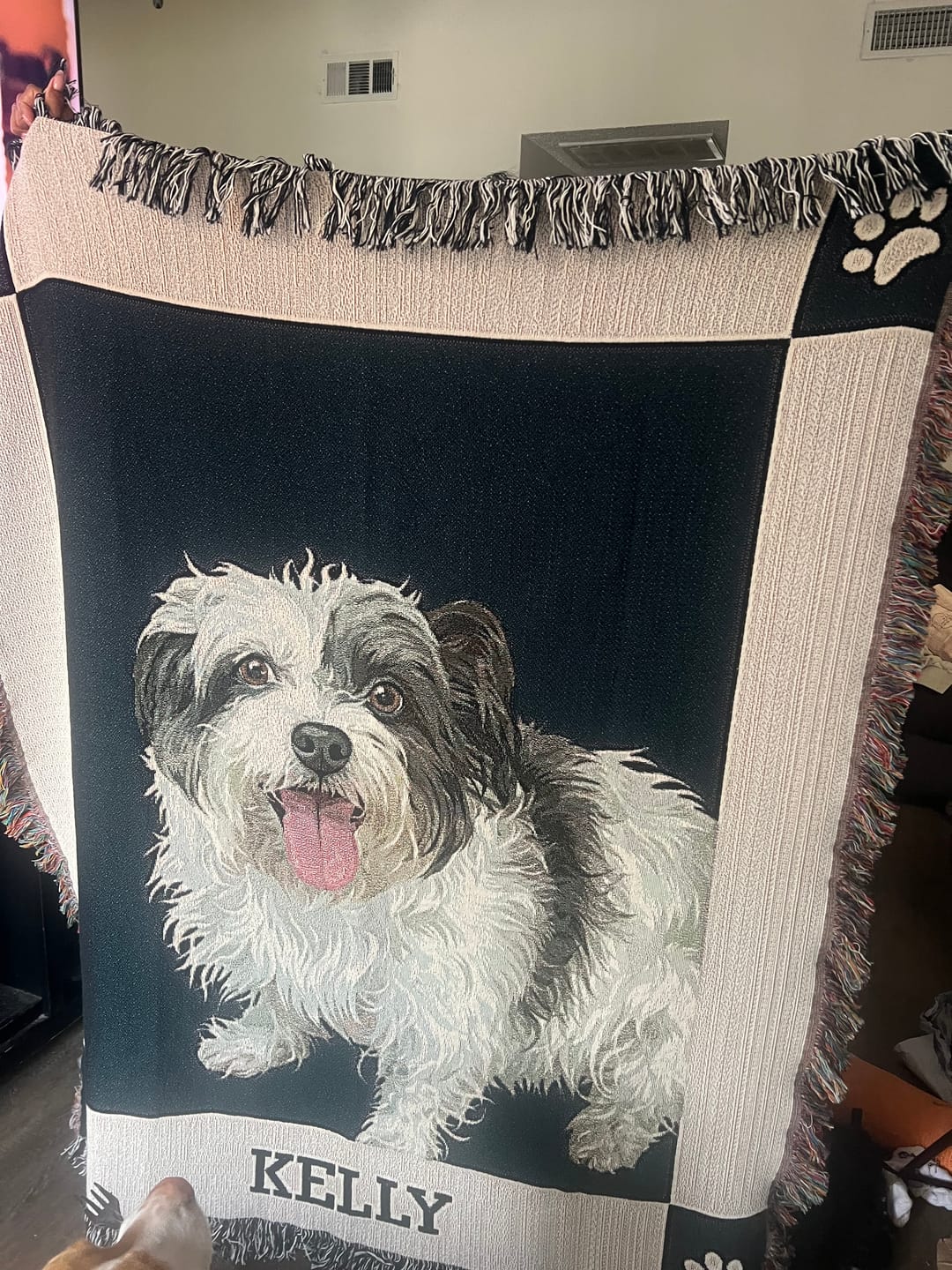 Customer photo review of Custom Pet Portrait Monogram Throw Blanket