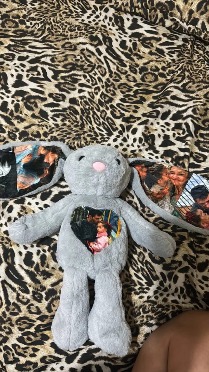 Customer photo review of Custom Heart Photo Bunny Plush – Personalized Hidden Ear Picture Bunny Custom Text Anniversary Gift for Couples