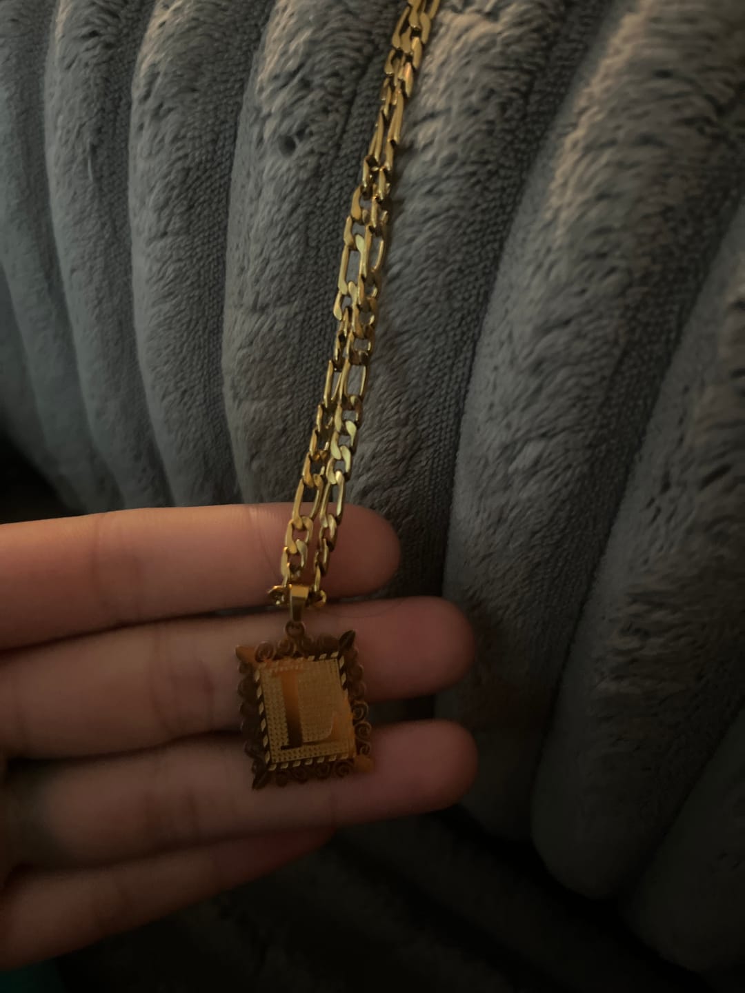 Customer photo review of Embossed Initial Necklace w/ Figaro Chain