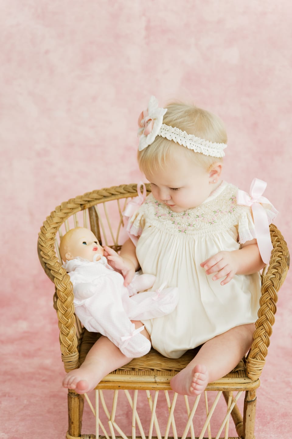 Customer photo review of Cream Satin Rosette & Pearls Smocked Bishop Bubble