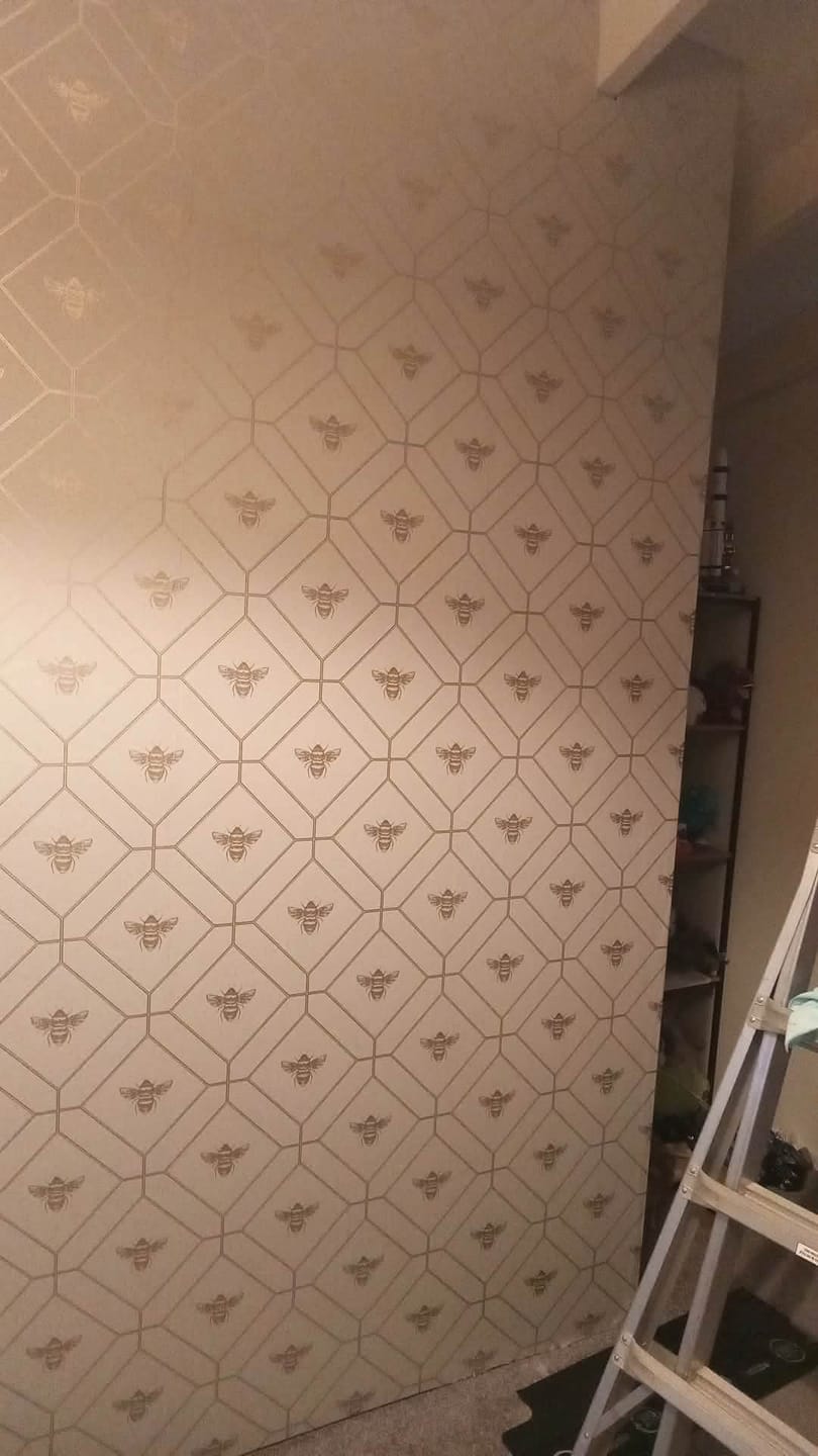 Customer photo review of Honeycomb Bee Geometric Metallic Wallpaper – Sage Green