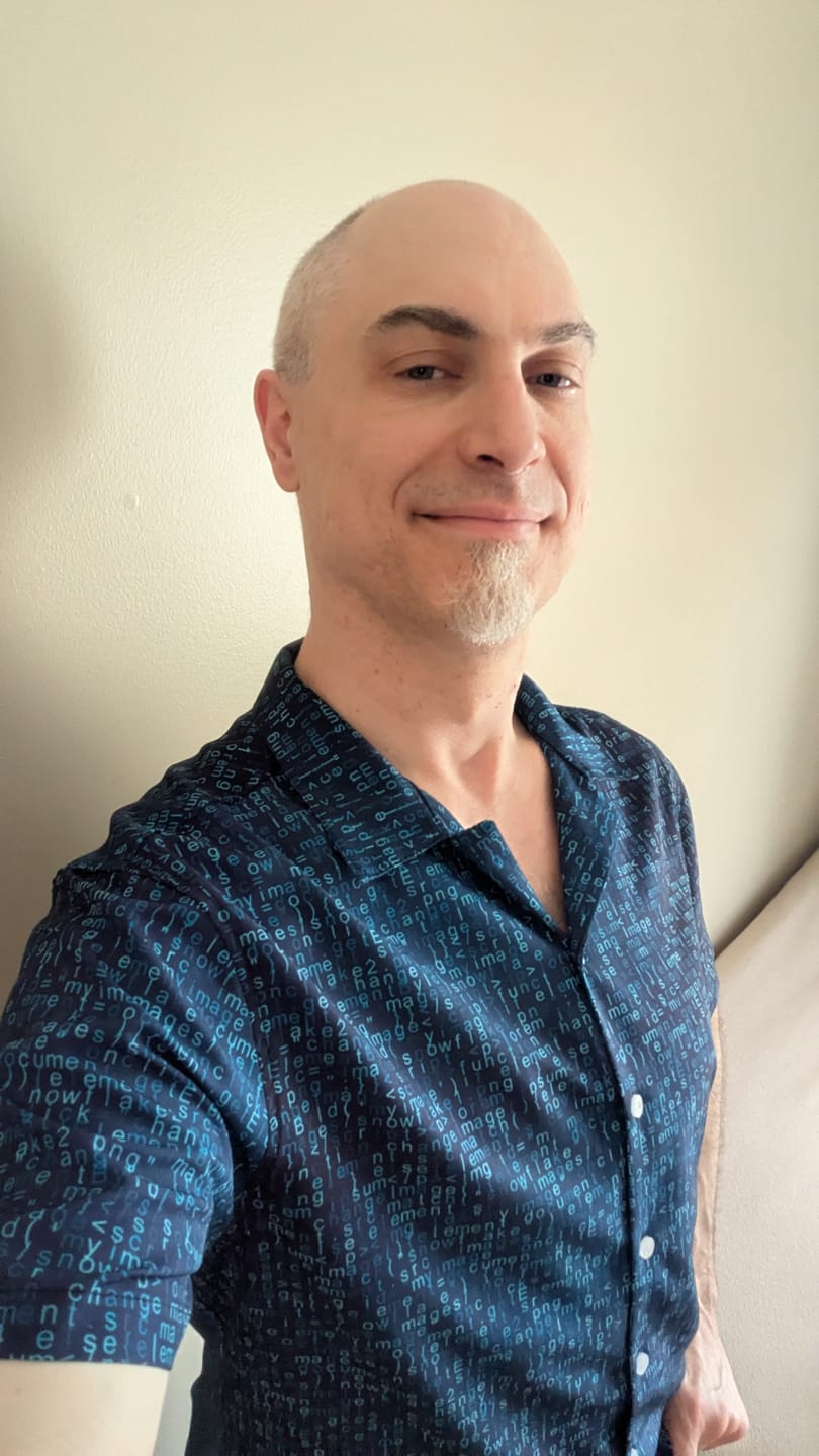 Customer photo review of Javascript Computer Code Blue Button Up Shirt