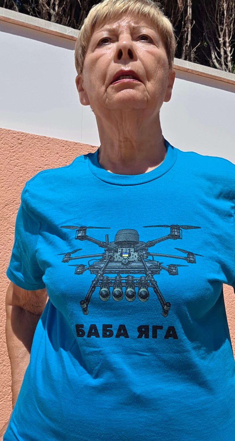 Customer photo review of Baba Yaga Ukrainian Drone T-Shirt