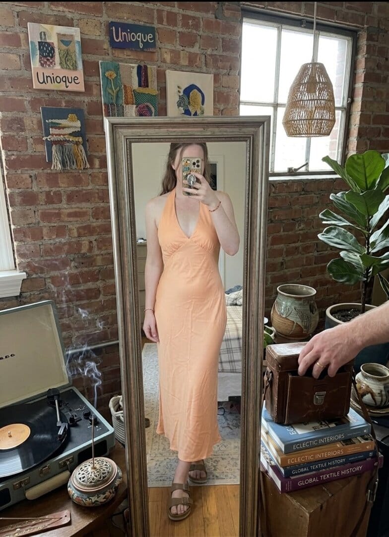 Customer photo review of Heavy Hearted Satin Maxi Dress - Peach