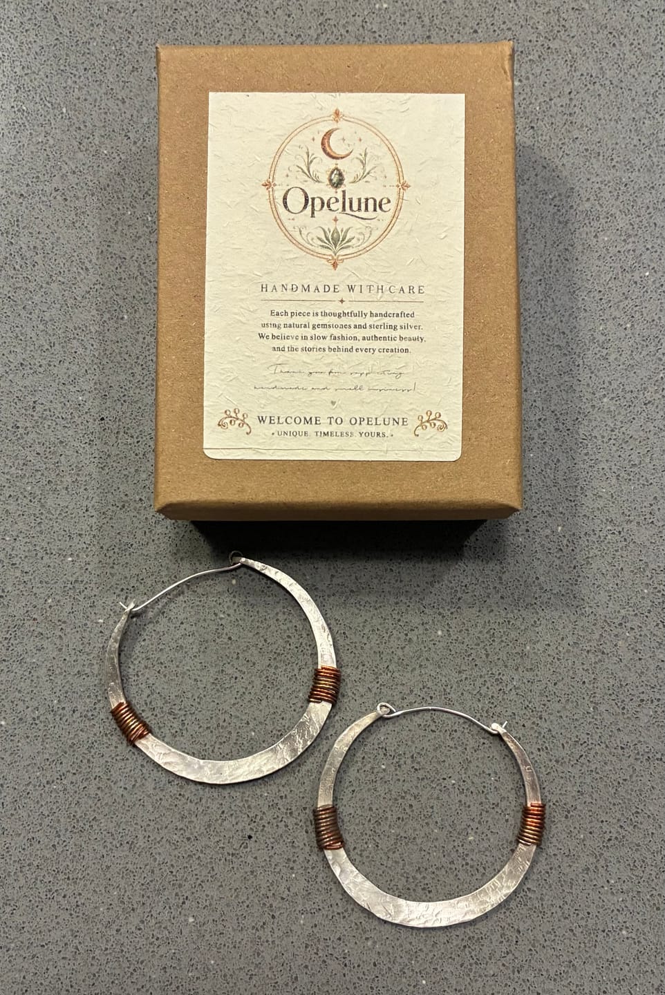 Customer photo review of Handcrafted Sterling Silver and Copper Hammered Earrings