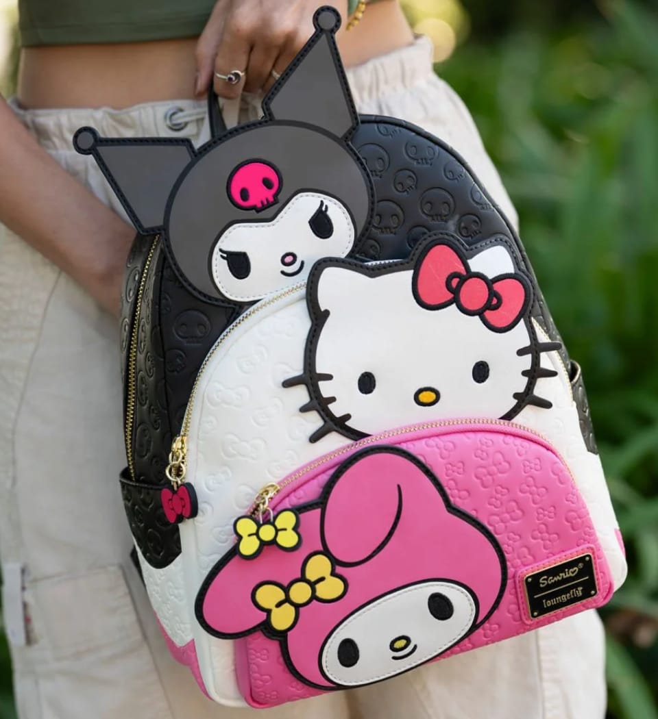 Customer photo review of Loungefly Sanrio Kuromi, My Melody, and Hello Kitty Glow In The Dark Triple Pocket Mini Backpack - 707 Street Exclusive
