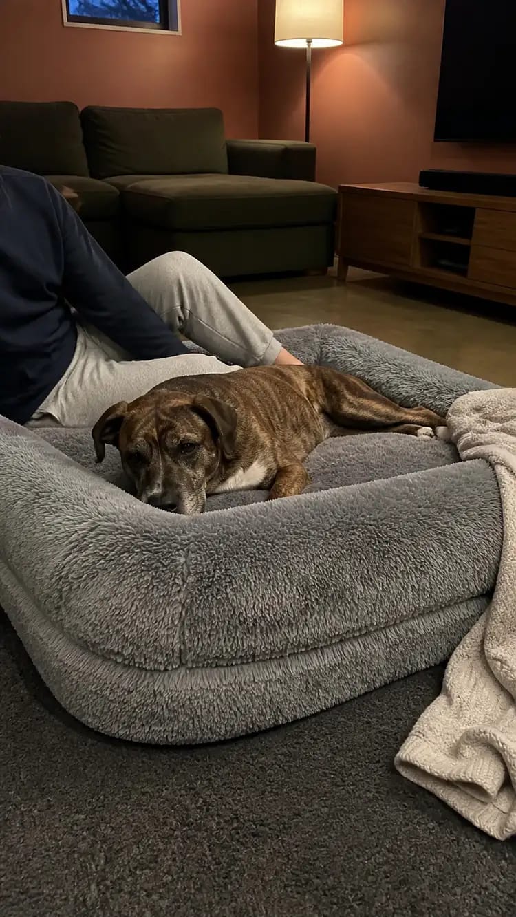 Customer photo review of Giant Calming Orthopedic Human Dog Bed, Plush Faux Fur