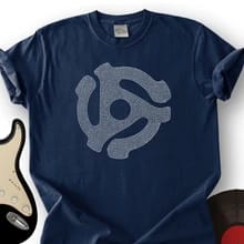 Customer's navy Record Adapter T-Shirt with a vintage-style record adapter graphic on the front.
