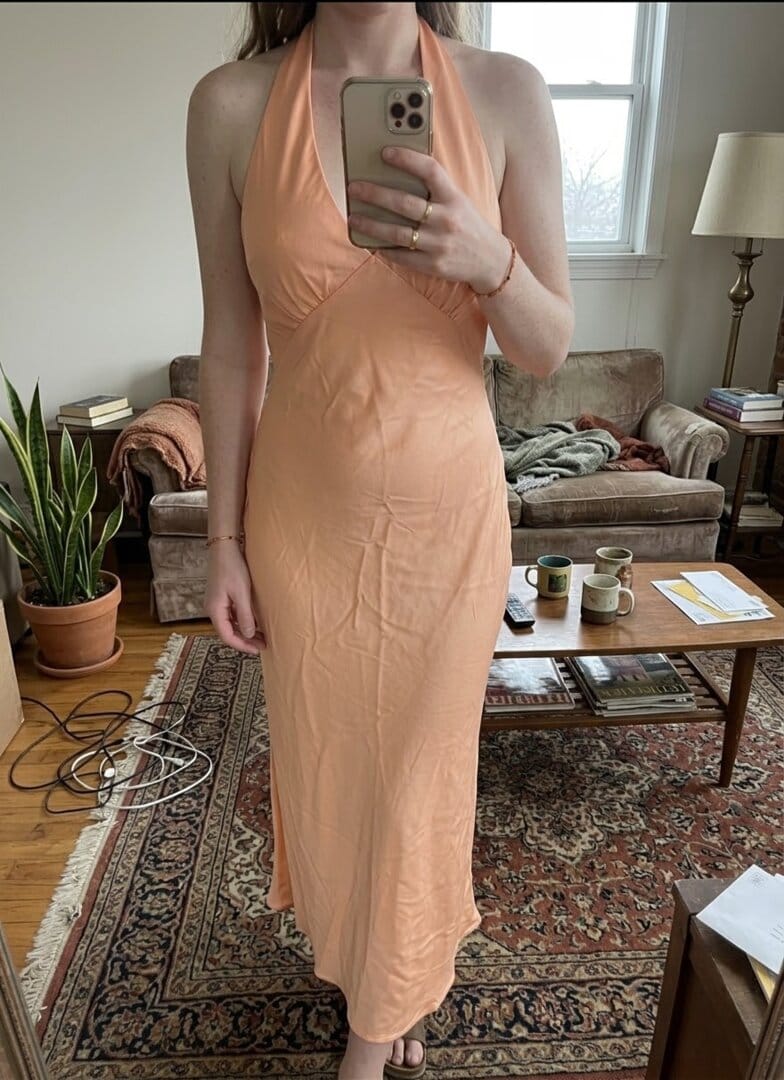 Customer photo review of Heavy Hearted Satin Maxi Dress - Peach