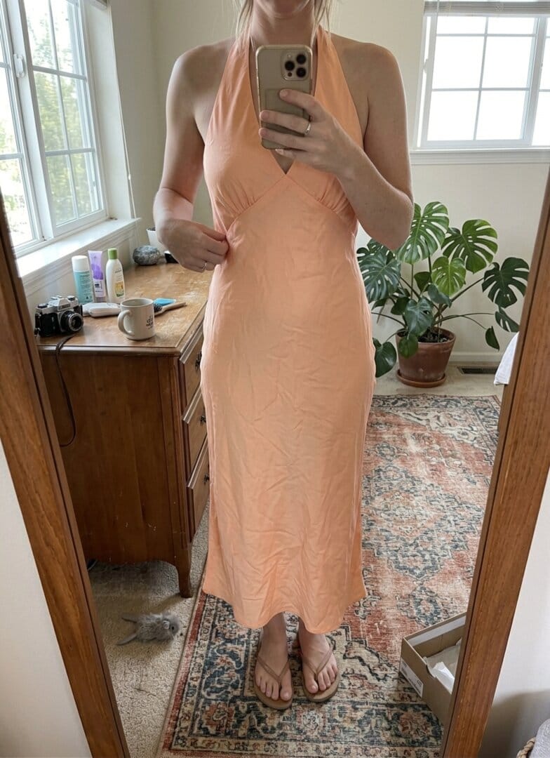 Customer photo review of Heavy Hearted Satin Maxi Dress - Peach