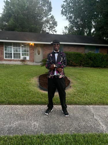 Customer photo review of Men's 2-Piece Golden Magenta Birdsong Forest Embroidery Shawl Collar Suit