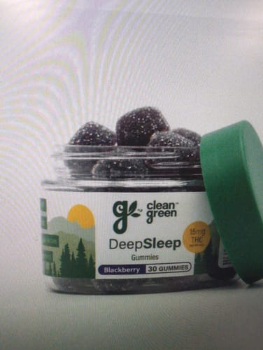Customer's jar of DeepSleep gummies with a green lid, showing 30 count label and blackberry flavor text.