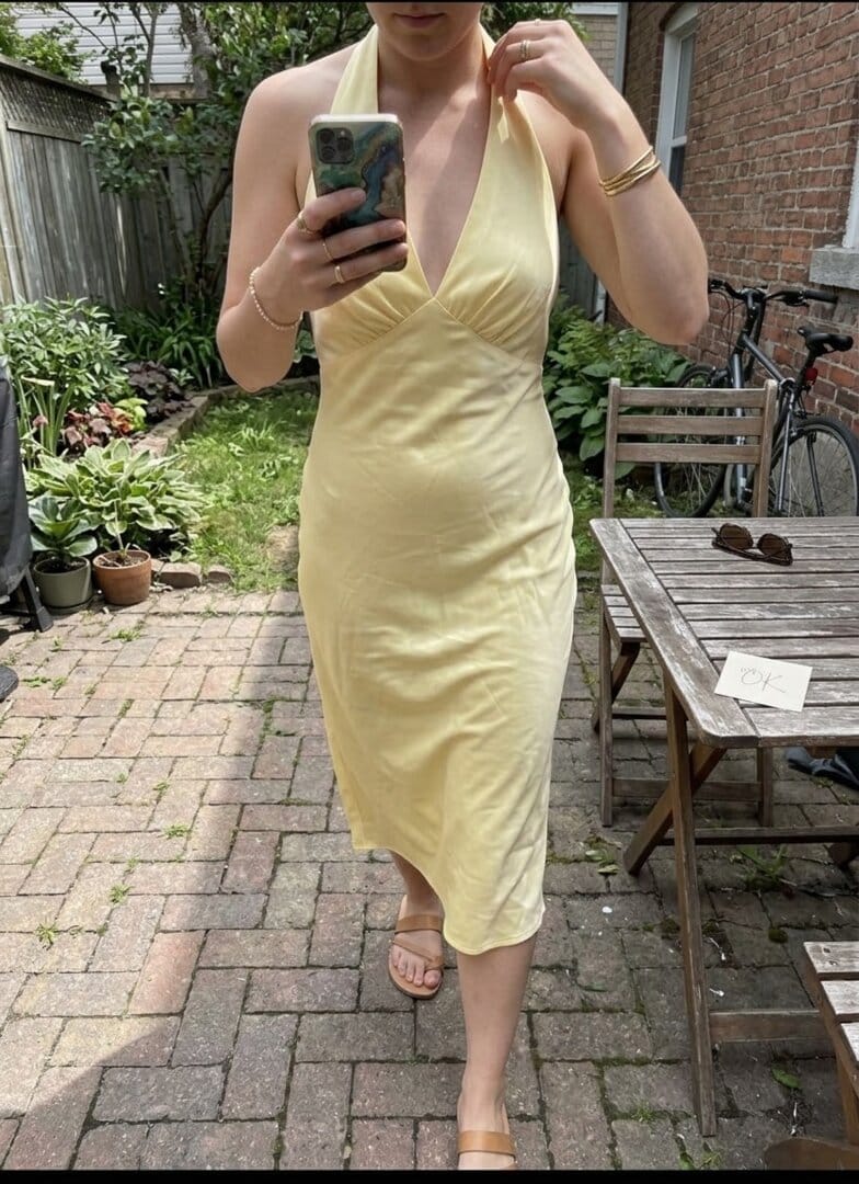 Customer photo review of Heavy Hearted Satin Maxi Dress - Lemon
