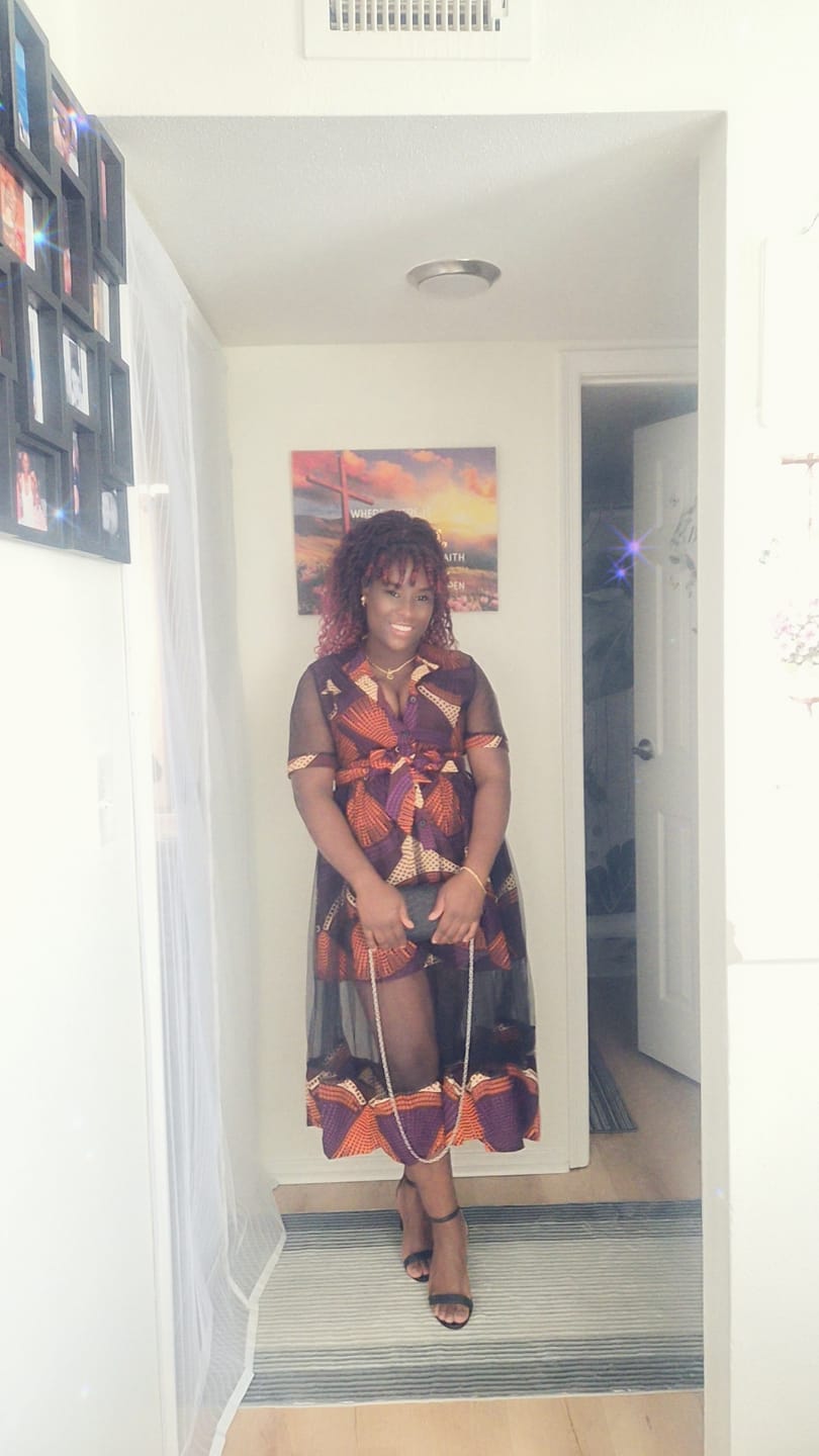 Customer photo review of VALENTINA AFRICAN PRINT BUTTON MESH DRESS [PURPLE]