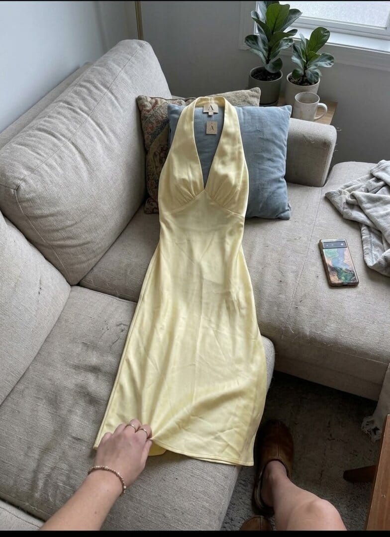 Customer photo review of Heavy Hearted Satin Maxi Dress - Lemon