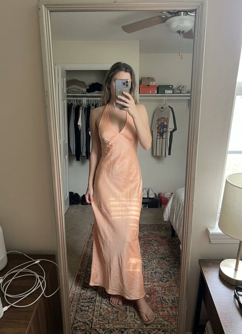 Customer photo review of Heavy Hearted Satin Maxi Dress - Peach