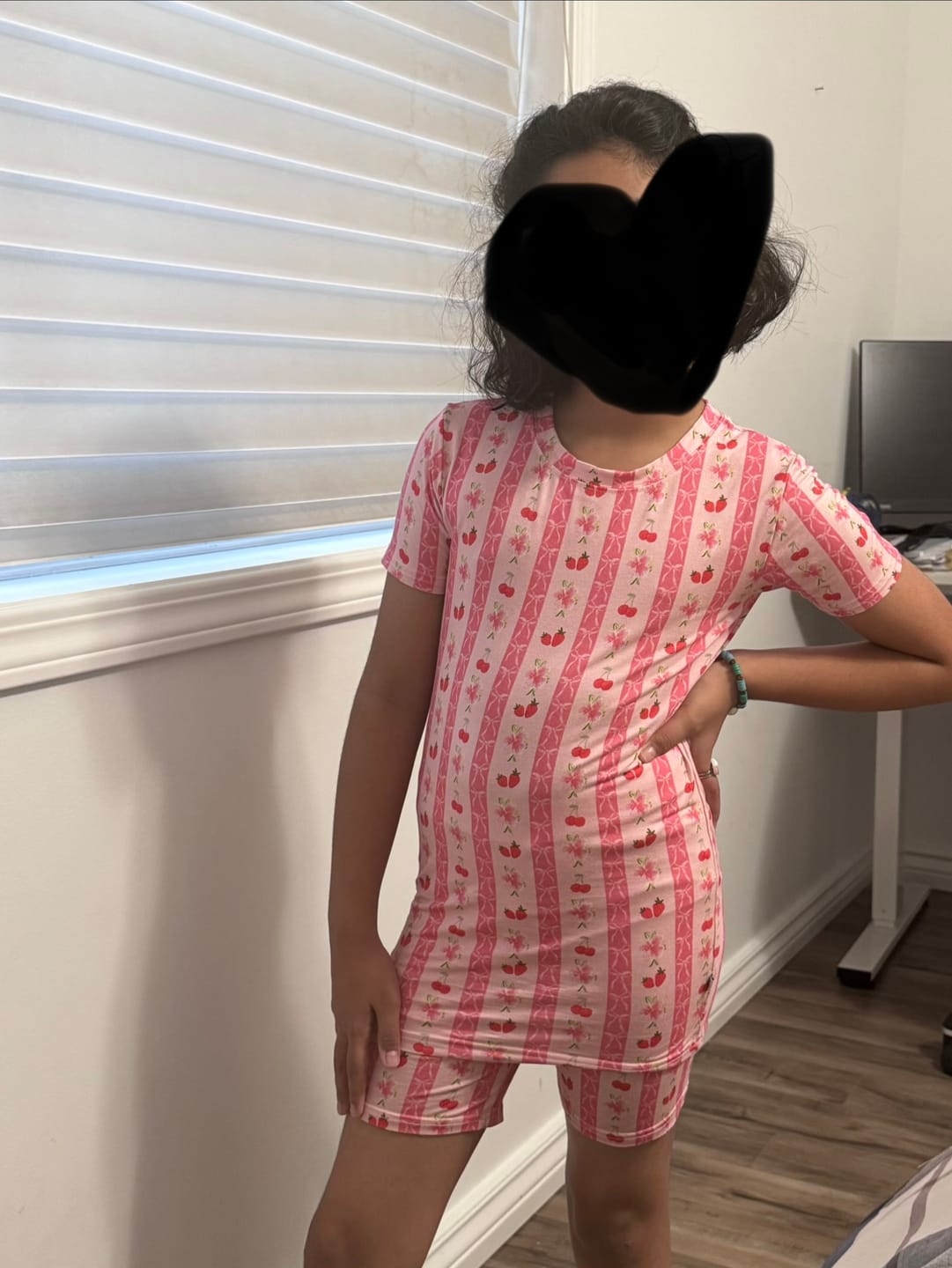 Customer photo review of Kids Strawberry & Cherry Bows Pajama Shorts