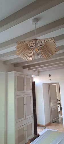 Reviewer's Rose teinté Chêne suspension en bois installée au plafond dans une pièce lumineuse.