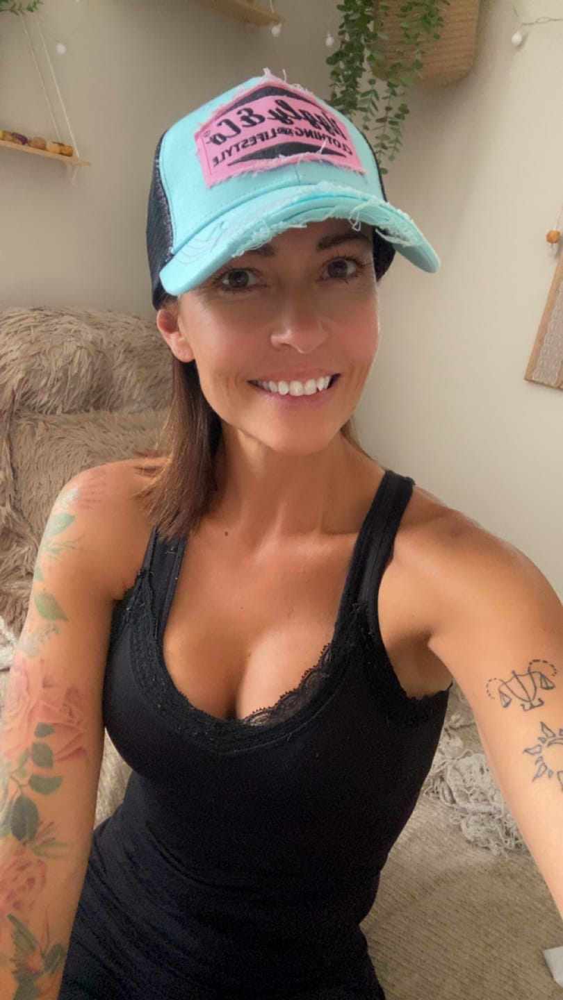 Customer photo review of Blue & Pastel Pink Diamond Trucker Hat