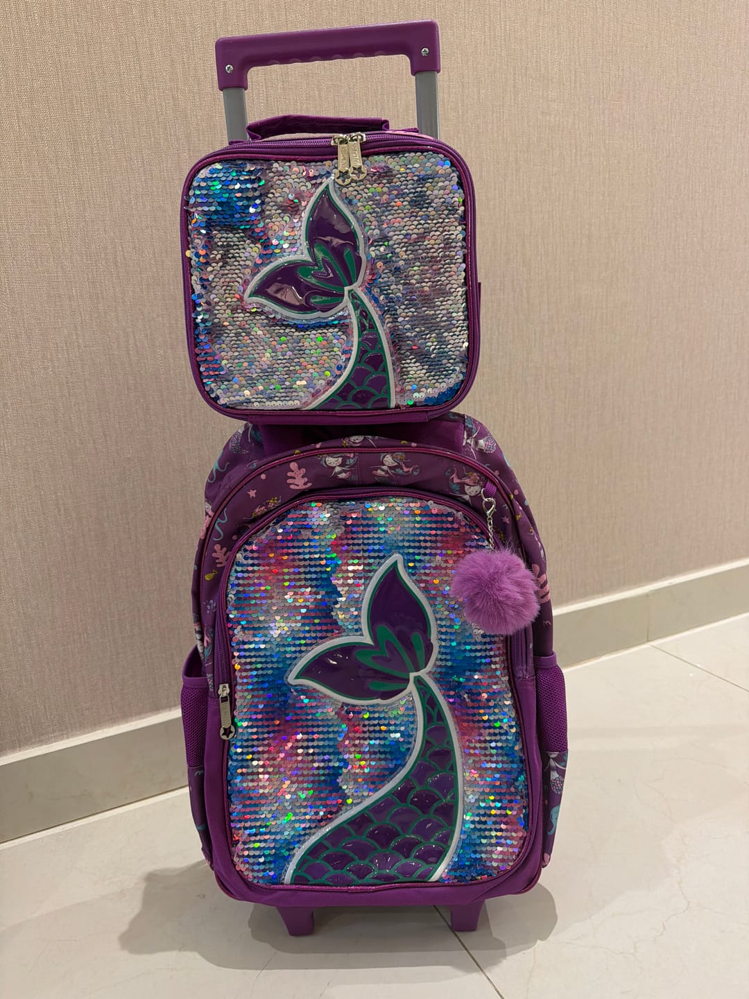 Customer photo review of Eazy Kids Set of 3 Trolley School Bag Lunch Bag & Pencil Case (Mermaid Purple)