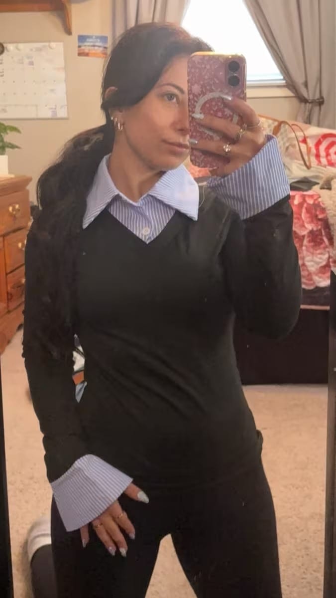 Customer photo review of Ninonine "Geneva" | Layered Two-Tone Polo Knit Top