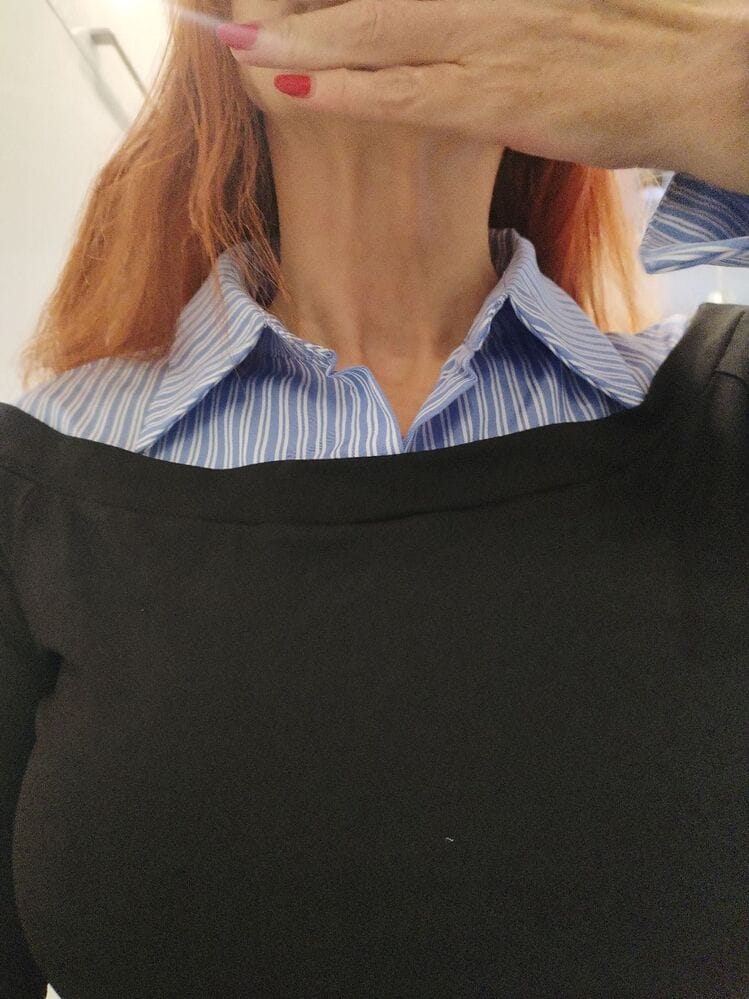 Customer photo review of Ninonine "Geneva" | Layered Two-Tone Polo Knit Top