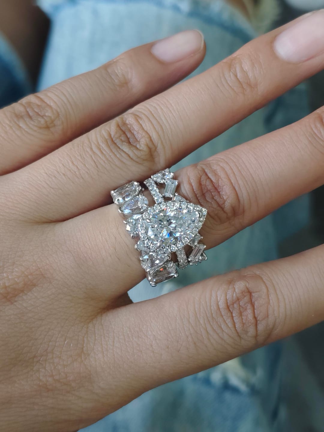Customer photo review of S925 2.2 Carat Halo Pear Cut Wedding Ring Set With Two Luxurious Wedding Bands For Women