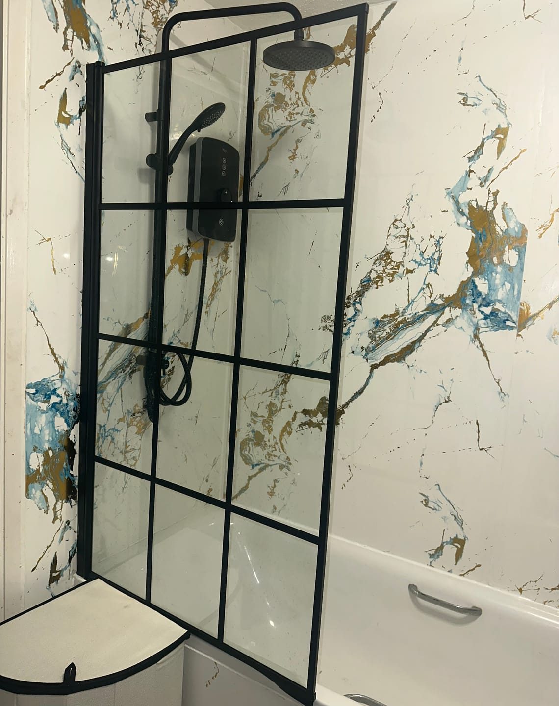 Customer photo review of 10mm Oro Blue Gloss Shower Panel 1M x 2.4M