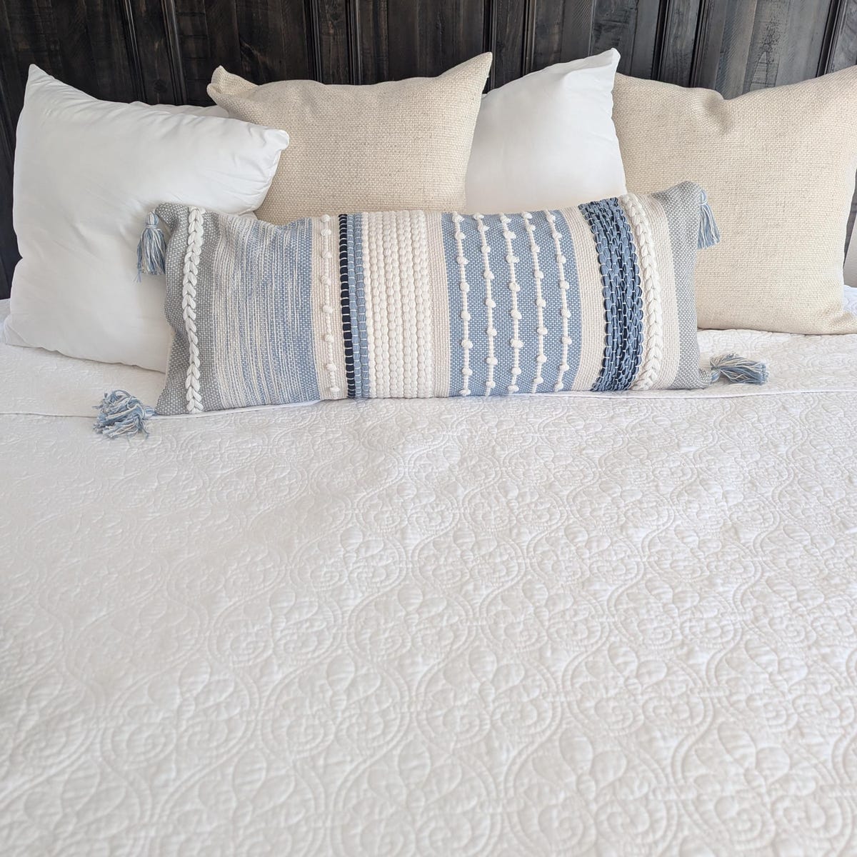 Customer photo review of Signature Handmade Coastal Blue Woven Long Lumbar Pillow Cover 14x36