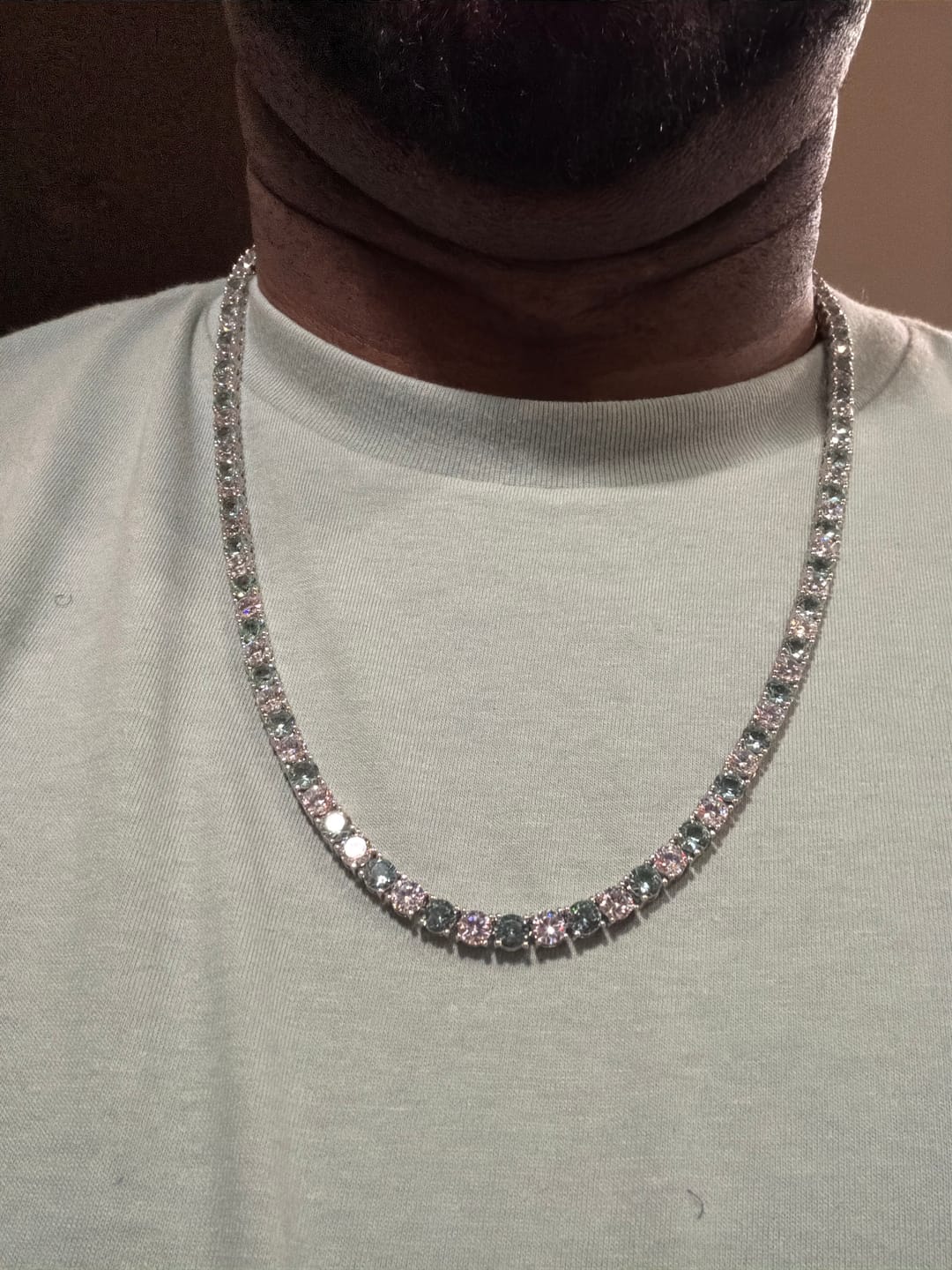 Customer photo review of 5MM Moissanite Blue & White Tennis Chain - Silver - D COLOR - VVS1